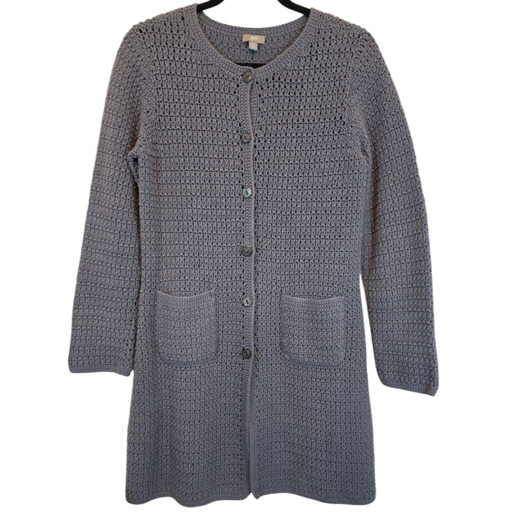 J Jill Sz S Crochet Duster Cardigan Gray Cotton Button Front Open‎ Weave Long